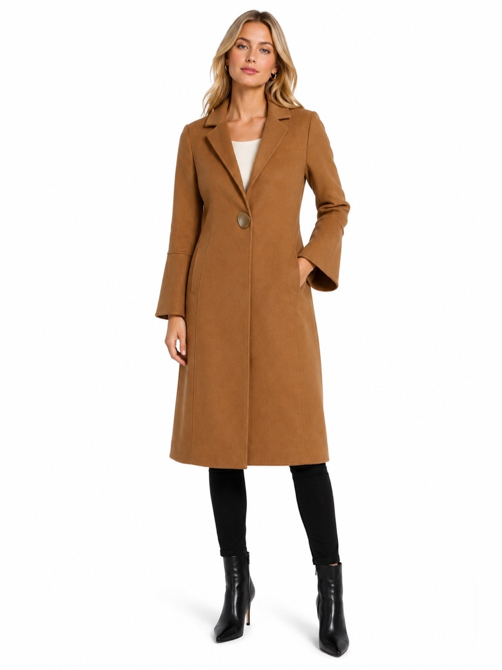 Peacebird Size Small Womens Long Single-Button Camel Coat Flare Sleeve